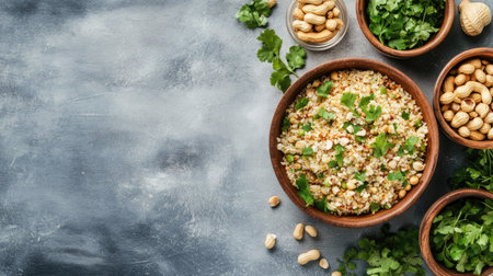 Flat lay of Indian poha with peanuts and coriander, with space for text or brandingの素材