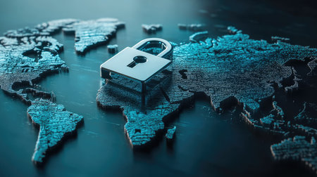 3D lock icon over a world map, representing global cybersecurity and protection. Plenty of room for text.の素材
