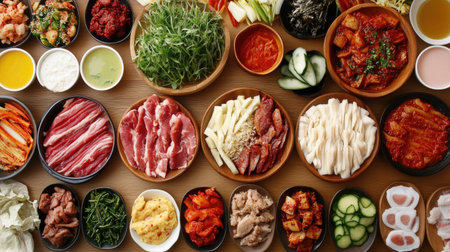 Flat lay of Korean BBQ spread with meats, vegetables, and banchan, leaving room for textの素材