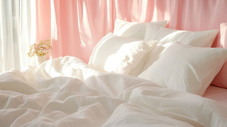 A serene bedroom scene featuring soft white bedding on a pink backdrop, illuminated by warm sunlight. The inviting atmosphere creates a sense of tranquility and comfort.の素材