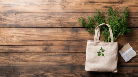 A stylish eco-friendly shopping bag rests on a rustic wooden table, featuring green herbs, representing sustainability and healthy living in a natural setting.の素材
