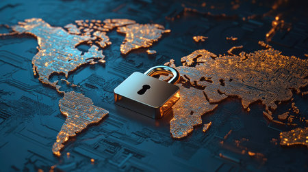 3D lock icon over a world map, representing global cybersecurity and protection. Plenty of room for text.の素材