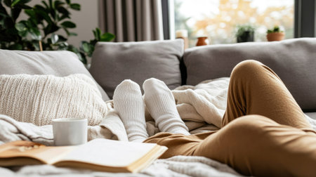 A serene indoor setting featuring cozy feet in warm socks resting on a soft couch. Ideal for showcasing comfort and relaxation at home with a book and beverage.の素材