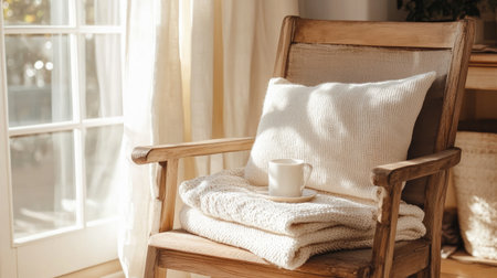 A tranquil and inviting scene featuring a comfortable chair adorned with soft blankets and a cup, perfect for a cozy afternoon moment in a sunlit room.の素材