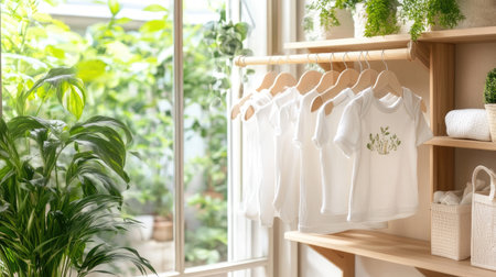 Bright and airy indoor space featuring white baby clothes on hangers, surrounded by lush greenery. Ideal for showcasing minimalist and cozy home aesthetics.の素材