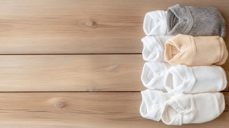 Close-up view of soft baby socks in various colors arranged on a wooden surface, showcasing comfort and style. Perfect choice for baby care conceptual imagery.の素材