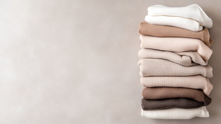 Beautifully arranged stack of soft textiles in earthy tones on a neutral background. Perfect for conveying warmth, comfort, and minimalistic style in design projects.の素材