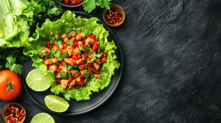 Top view of Thai chicken larb with lettuce wraps and lime, leaving room for textの素材