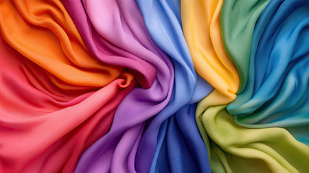 This image showcases vibrant silk fabric arranged in a beautiful wave pattern, featuring a gradient of colors that evoke creativity and elegance. Perfect for design projects.の素材