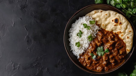 Flat lay of Indian rogan josh with rice and naan, ample copy space for textの素材