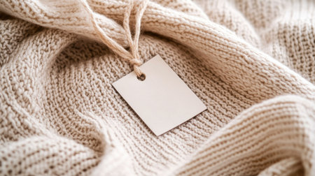 A blank tag lies on a cozy knit sweater, showcasing a neutral color palette ideal for branding or labeling. Perfect for fashion, decor, and retail themes.の素材