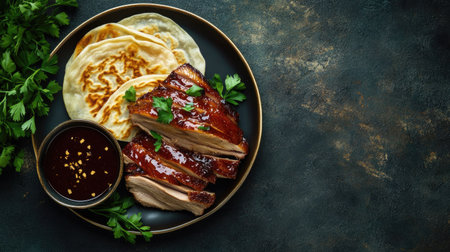 Top view of a Chinese Peking duck dish with pancakes and hoisin sauce, space for textの素材