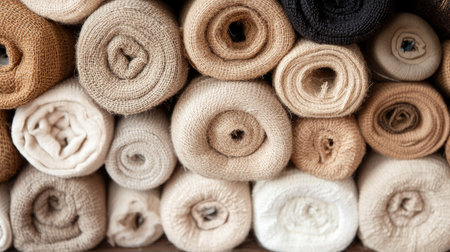 A visually appealing arrangement of rolled natural textiles in various shades of beige and cream, perfect for home decor, crafting, or textile design inspiration.の素材