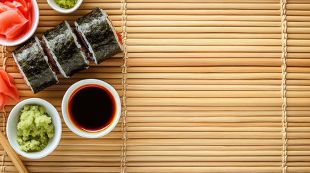 Top view of sushi rolls on a bamboo mat with dipping sauces, chopsticks, and copy space for textの素材