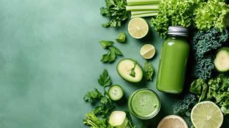 A vibrant arrangement of fresh green juice, vegetables, and fruits on a green surface. Perfect for promoting healthy living, detox, and nutritious choices.の素材
