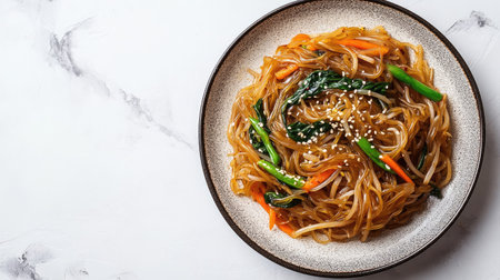 Flat lay of Korean japchae stir-fried noodles with vegetables, with space for textの素材