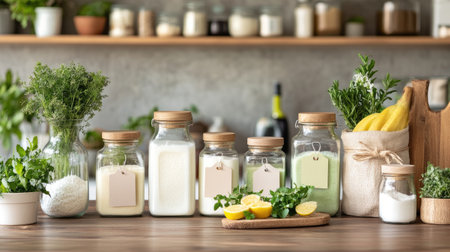 A beautiful arrangement of jars filled with fresh ingredients alongside vibrant herbs and citrus. Perfect for food-related themes and cooking inspiration.の素材