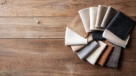 A collection of colorful fabric swatches arranged on a wooden surface, showcasing various textures and colors for home decor and interior design inspirations.の素材