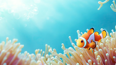 A close-up of clownfish hiding among sea anemones, with space for text in the blue water background.の素材