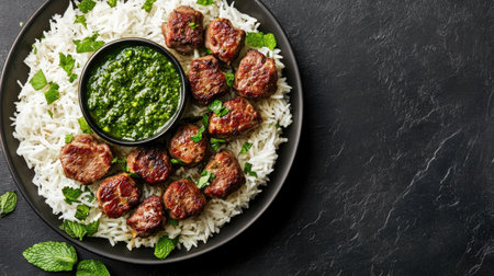 Top view of Indian lamb kebabs with rice and mint chutney, leaving space for textの素材