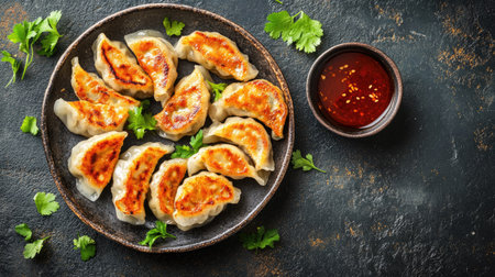 Flat lay of Japanese gyoza dumplings with dipping sauce, ample room for textの素材