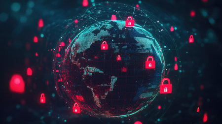 A 3D globe surrounded by digital lock icons, symbolizing worldwide data protection. Room for copy in the background.の素材
