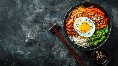 Flat lay of Korean bibimbap with gochujang sauce and egg, leaving room for textの素材
