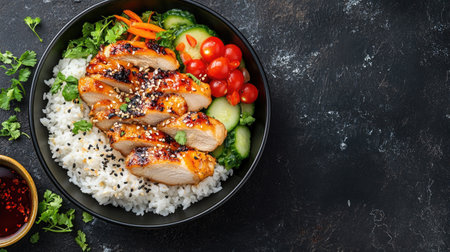 Top view of Japanese teriyaki chicken with rice and vegetables, space for copyの素材