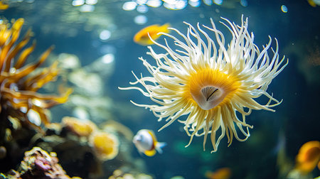 A close-up of a sea anemone with fish swimming nearby. Copy space in the surrounding water.の素材