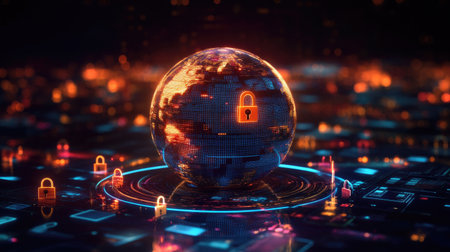 A 3D globe surrounded by digital lock icons, symbolizing worldwide data protection. Room for copy in the background.の素材