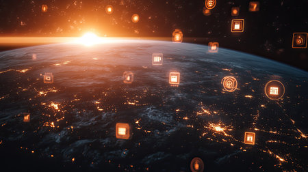 3D rendering of a digital globe with firewall icons floating nearby. Room for text.の素材