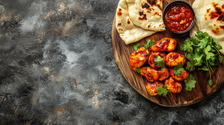 Top view of Indian tandoori chicken with naan and chutney, space for text or brandingの素材