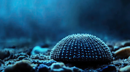 A close-up of a sea urchin resting on the ocean floor. Dark blue water in the background with room for copy.の素材