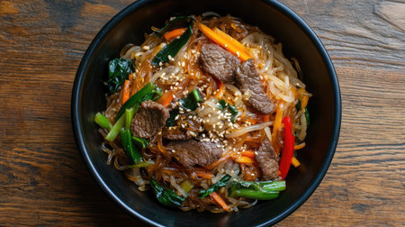 Top view of Korean japchae noodles with beef and vegetables, space for copyの素材