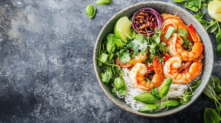 Top view of Vietnamese vermicelli bowl with fresh herbs and shrimp, space for textの素材
