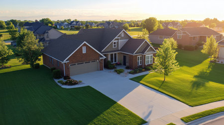 Beautiful suburban home with a large yard and driveway, leaving room for copy in the background.の素材