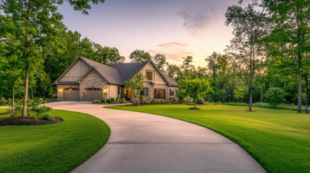 Beautiful suburban home with a large yard and driveway, leaving room for copy in the background.の素材