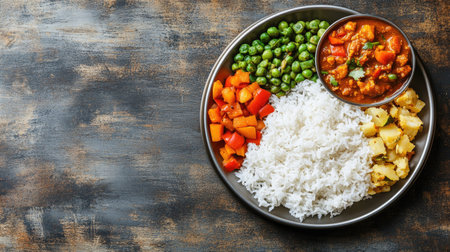 A healthy school meal for Indian children with rice, curry, and vegetables, with space for copy.の素材