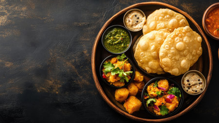 A traditional school meal with poori and vegetables, arranged in a tiffin with ample copy spaceの素材