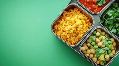 Tiffin box for Indian kids with poha and chutney, plenty of space for text or visuals.の素材