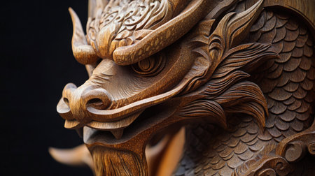 Wooden sculpture of a mythical creature with intricate carvings, leaving ample space for text.の素材