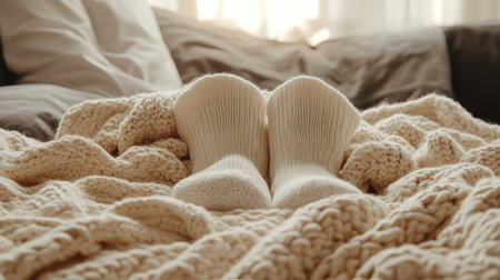 A serene indoor scene featuring cozy knit socks resting on a soft blanket, creating a warm atmosphere perfect for relaxation and comfort. Ideal for lifestyle themes.の素材