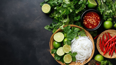 A colorful arrangement of fresh herbs, limes, noodles, and chili peppers, perfect for Asian cuisine preparation. Enhance your culinary creations with these vibrant ingredients.の素材