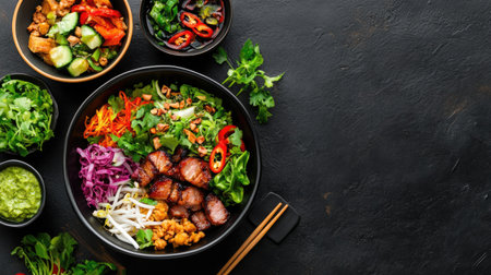 A vibrant bowl filled with fresh vegetables and grilled meat, showcasing a colorful arrangement that's perfect for healthy eating and meal prep.の素材