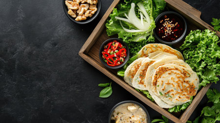 A beautifully arranged wooden tray featuring freshly made pancakes surrounded by vegetables, herbs, and flavorful dipping sauces, perfect for a healthy meal or snack.の素材