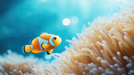 A close-up of a clownfish swimming through anemones. Blue water provides copy space in the background.の素材