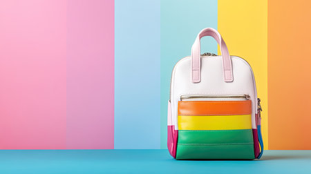 This vibrant backpack features a rainbow design against a pastel striped background. Perfect for youth fashion and lifestyle, it showcases modern charm and playful elegance.の素材
