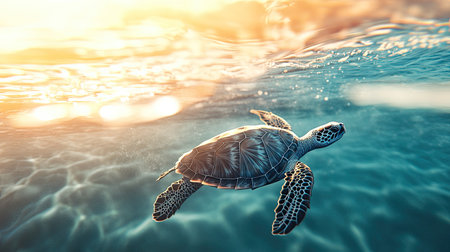 A close-up of a sea turtle gliding effortlessly through the water. Room for copy in the ocean background.の素材