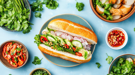A vibrant sandwich filled with fresh vegetables, herbs, and a crispy bun, surrounded by colorful bowls of ingredients, showcasing a healthy meal ideal for various occasions.の素材