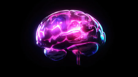 This vibrant neon illustration of a brain combines art and technology, showcasing digital elements and glowing colors to represent creativity and intelligence.の素材